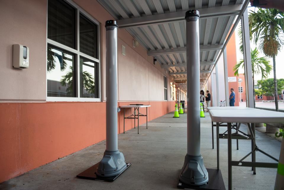 A free-standing OpenGate metal detector stands at the entrance of John I. Leonard High School before the start of summer school on Thursday, June 29, 2023, in Greenacres, Fla. Starting this summer, the Palm Beach County School District is debuting metal detectors at John I. Leonard High School as part of a pilot program that will install metal detectors at a total of four Palm Beach County high schools.