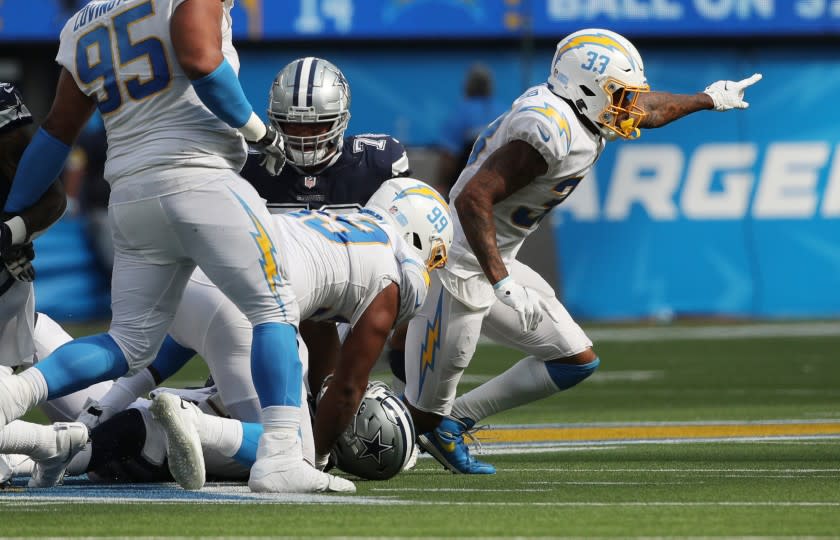 INGLEWOOD, CA - SEPTEMBER 19, 2021: Los Angeles Chargers free safety Derwin James (33) reacts after a sack.