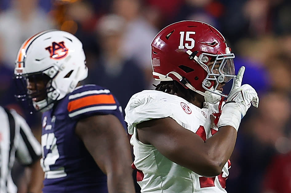 AUBURN, ALABAMA - NOVEMBER 25:  Dallas Turner #15 of the Alabama Crimson Tide reacts after a defensive stop against the Auburn Tigers during the fourth quarter at Jordan-Hare Stadium on November 25, 2023 in Auburn, Alabama. (Photo by Kevin C. Cox/Getty Images)