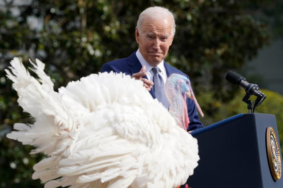 The president made multiple quips throughout the day on Monday as he presided over the annual turkey pardoning ceremony (AP)