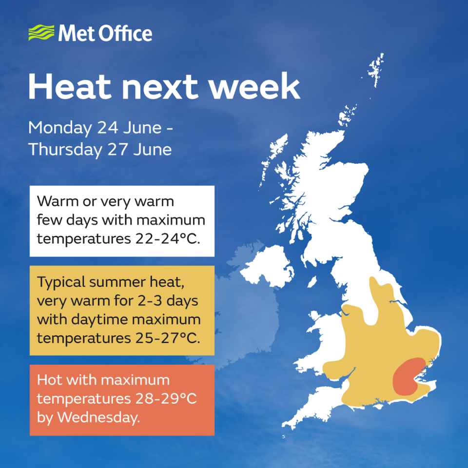 The South East of England will see the highest temperatures (Met Office)