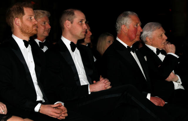 Britain&#39;s Prince Harry, Prince William, Prince Charles and British naturalist David Attenborough attend the global premiere of Netflix&#39;s 