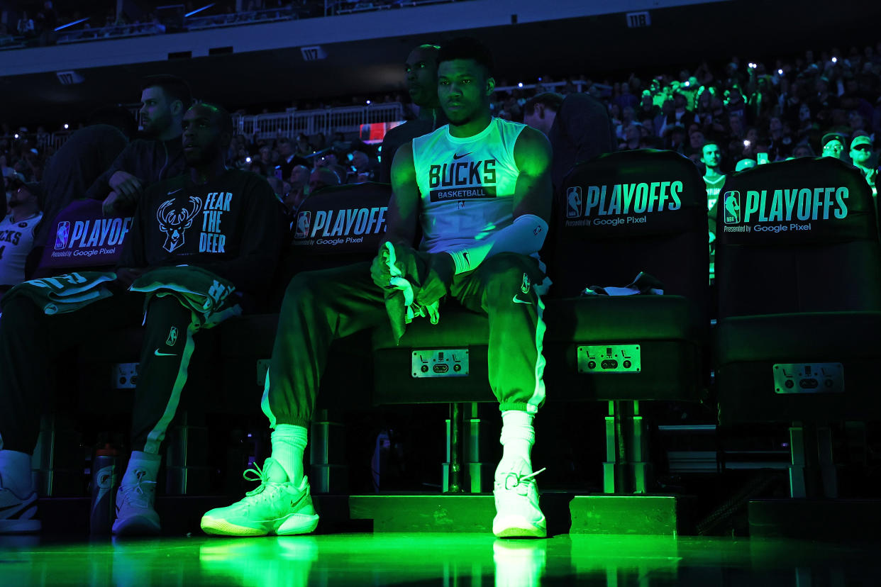 MILWAUKEE, WISCONSIN - APRIL 26: Giannis Antetokounmpo #34 of the Milwaukee Bucks waits during player introductions prior to Game 5 of the Eastern Conference First Round Playoffs against the Miami Heat at Fiserv Forum on April 26, 2023 in Milwaukee, Wisconsin. The Heat defeated the Bucks in overtime 128-126. NOTE TO USER: User expressly acknowledges and agrees that, by downloading and or using this photograph, User is consenting to the terms and conditions of the Getty Images License Agreement. (Photo by Stacy Revere/Getty Images)