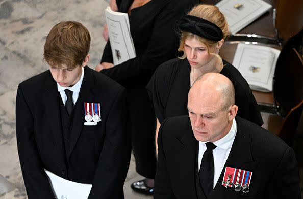 LONDON, ENGLAND - SEPTEMBER 19: James, Viscount Severn, Lady Louise Windsor and Mike Tindall at Westminster Abbey for The State Funeral of Queen Elizabeth II on September 19, 2022 in London, England. Elizabeth Alexandra Mary Windsor was born in Bruton Street, Mayfair, London on 21 April 1926. She married Prince Philip in 1947 and ascended the throne of the United Kingdom and Commonwealth on 6 February 1952 after the death of her Father, King George VI. Queen Elizabeth II died at Balmoral Castle in Scotland on September 8, 2022, and is succeeded by her eldest son, King Charles III.  (Photo by Gareth Cattermole/Getty Images)