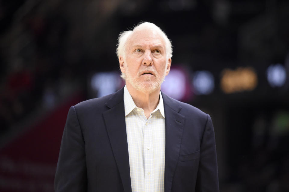 CLEVELAND, OHIO - MARCH 08: Head coach Gregg Popovich of the San Antonio Spurs watches the scoreboard during the second half against the Cleveland Cavaliers at Rocket Mortgage Fieldhouse on March 08, 2020 in Cleveland, Ohio. The Cavaliers defeated the Spurs 132-129. NOTE TO USER: User expressly acknowledges and agrees that, by downloading and/or using this photograph, user is consenting to the terms and conditions of the Getty Images License Agreement. (Photo by Jason Miller/Getty Images)