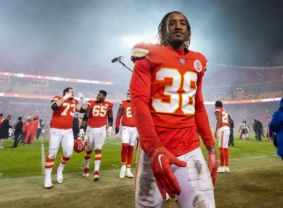 Jan 21, 2023; Kansas City, Missouri, USA; Kansas City Chiefs cornerback L’Jarius Sneed (38) leaves the field after defeating the <a class="link " href="https://sports.yahoo.com/nfl/teams/jacksonville/" data-i13n="sec:content-canvas;subsec:anchor_text;elm:context_link" data-ylk="slk:Jacksonville Jaguars;sec:content-canvas;subsec:anchor_text;elm:context_link;itc:0">Jacksonville Jaguars</a> in an AFC divisional round game at GEHA Field at Arrowhead Stadium. Mandatory Credit: Jay Biggerstaff-USA TODAY Sports