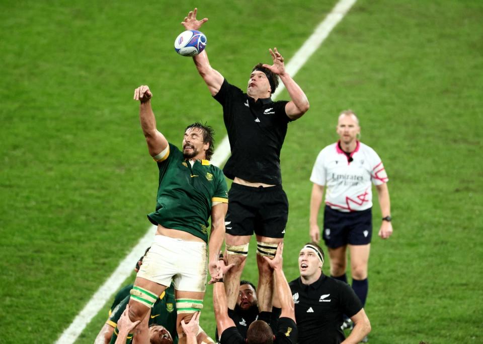 New Zealand's Scott Barrett (right) leaps for a lineout (Reuters)