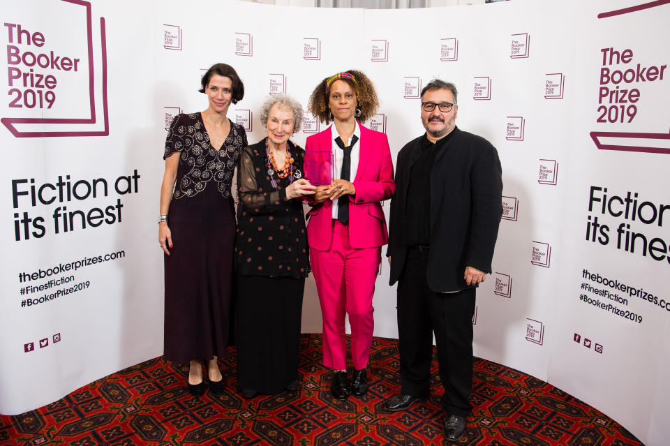 LONDON, ENGLAND - OCTOBER 14: (L-R) Gaby Wood (Literary Director Booker Prize), Margaret Atwood, Bernardine Evaristo and Peter Florence (Chair of Judges) during 2019 Booker Prize Winner Announcement photocall at Guildhall on October 14, 2019 in London, England. (Photo by Jeff Spicer/Getty Images)