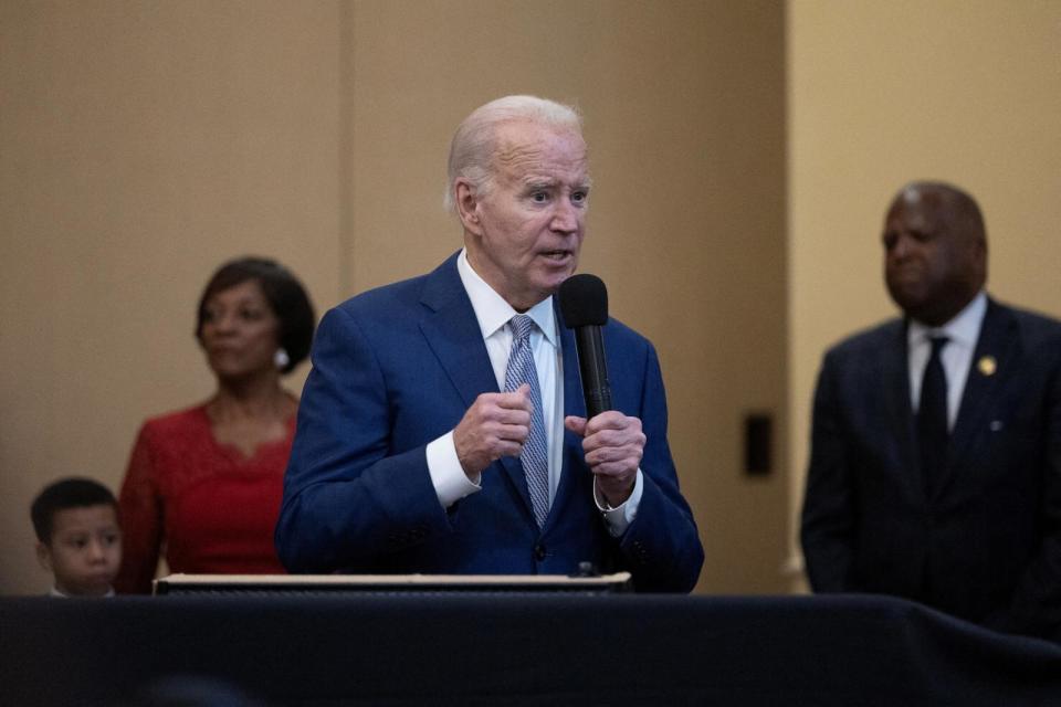 PHOTO: President Joe Biden speaks during a 'Sunday Lunch' church event at the Brookland Baptist Banquet Center in Columbia, S.C., Jan. 28, 2024.  (Tom Brenner/Reuters)