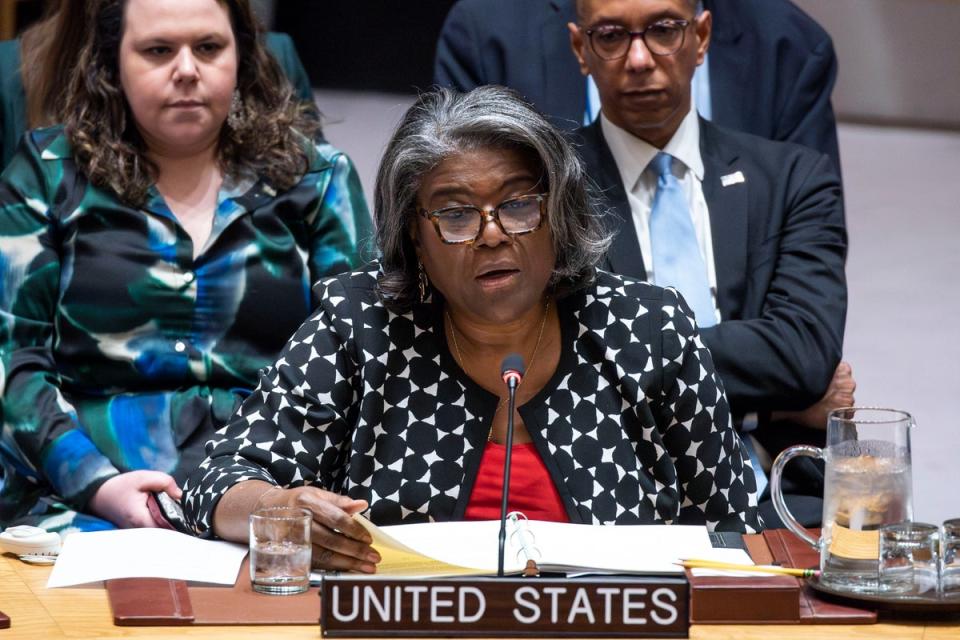 United States ambassador to the United Nations Linda Thomas-Greenfield addresses members of the UN Security Council in April at United Nations headquarters in New York (AP)