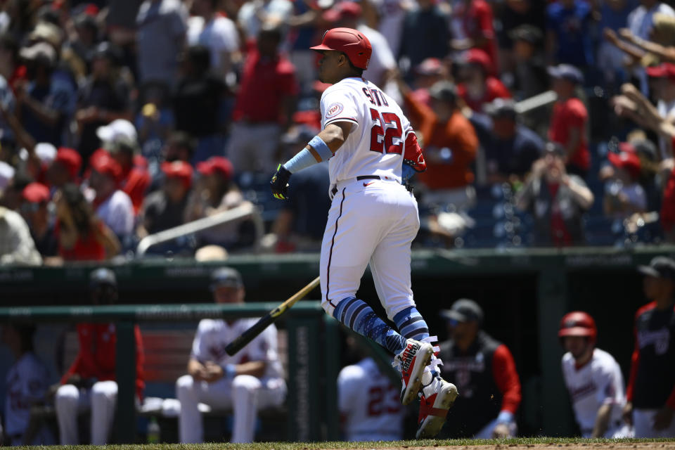 Washington Nationals' Juan Soto watches his three-run home run during the second inning of a baseball game against the Philadelphia Phillies, Sunday, June 19, 2022, in Washington. (AP Photo/Nick Wass)