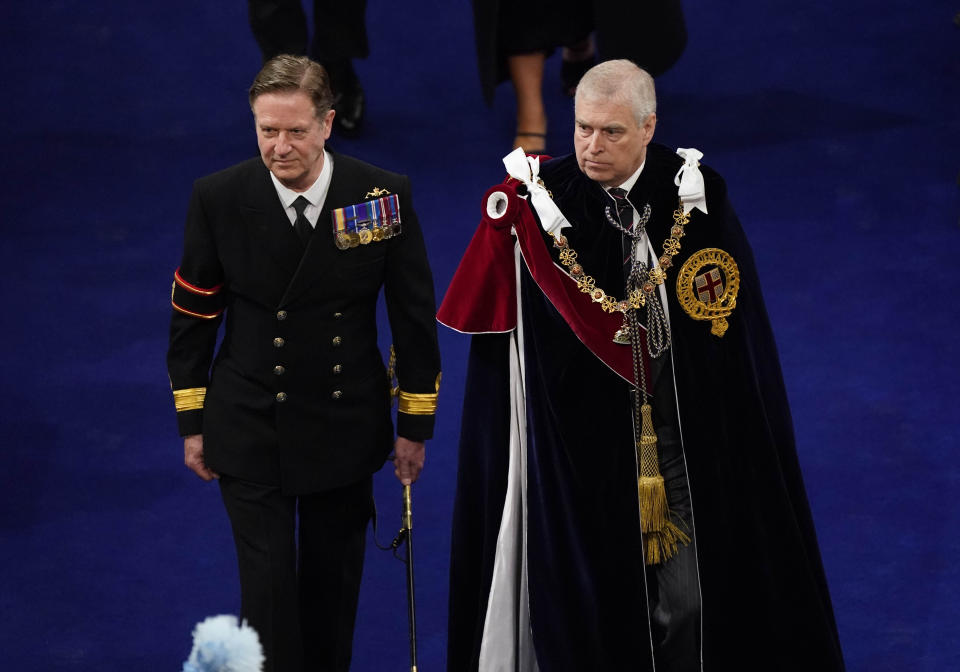 Andrew wore his Order of the Garter robes - unlike last year at his mother's funeral where he wore a suit. (Getty)