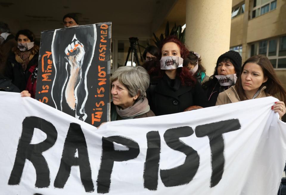 Protesters gather outside the Famagusta courthouse in Paralimni as the verdict was reached (REUTERS)