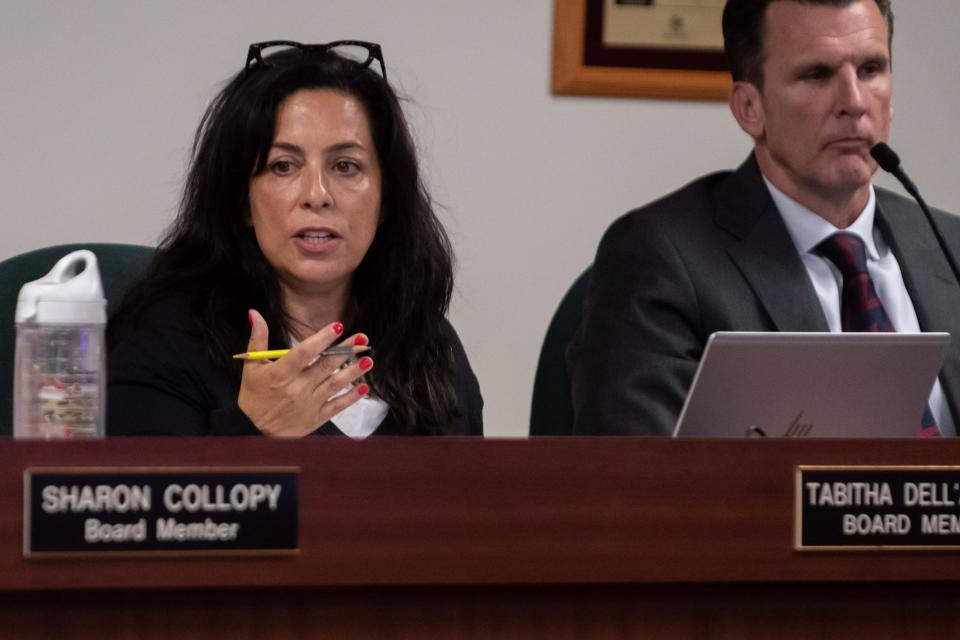 Central Bucks school board director Tabitha Dell'Angelo questions the origins of a proposed library policy before voting against it during a school board meeting in Doylestown Township on Tuesday, July 26, 2021. Following the discussion, school board directors voted 6-3 to approve the policy, which opponents called a pathway to book banning.