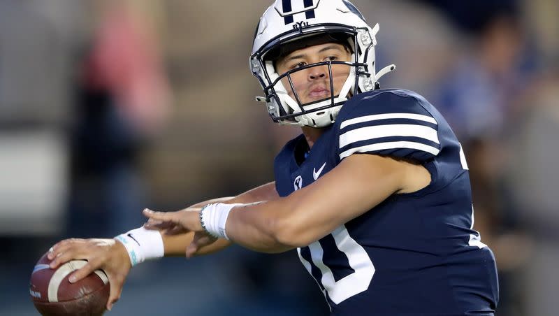 BYU quarterback Sol-Jay Maiava-Peters warms up as BYU and USF prepare to at LaVell Edwards Stadium in Provo on Sept. 25, 2021. Maiava-Peters is among the scholarship players no longer on the BYU roster.