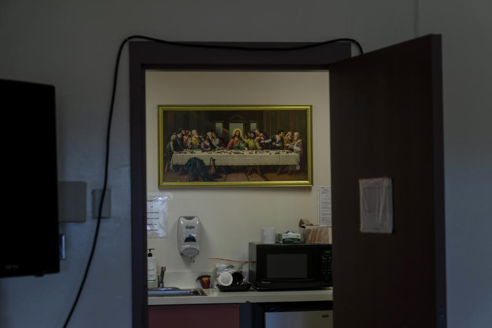 A copy of Leonardo da Vinci's, "The Last Supper," hangs on the wall of Valley State Prison's chapel in Chowchilla, Calif., Friday, Nov. 4, 2022. In a nation that incarcerates roughly 2 million people, the COVID pandemic was a nightmare for prisons. Overcrowding, subpar medical care and the ebb and flow of prison populations left most places unprepared to handle the spread of the highly contagious virus. (AP Photo/Jae C. Hong)
