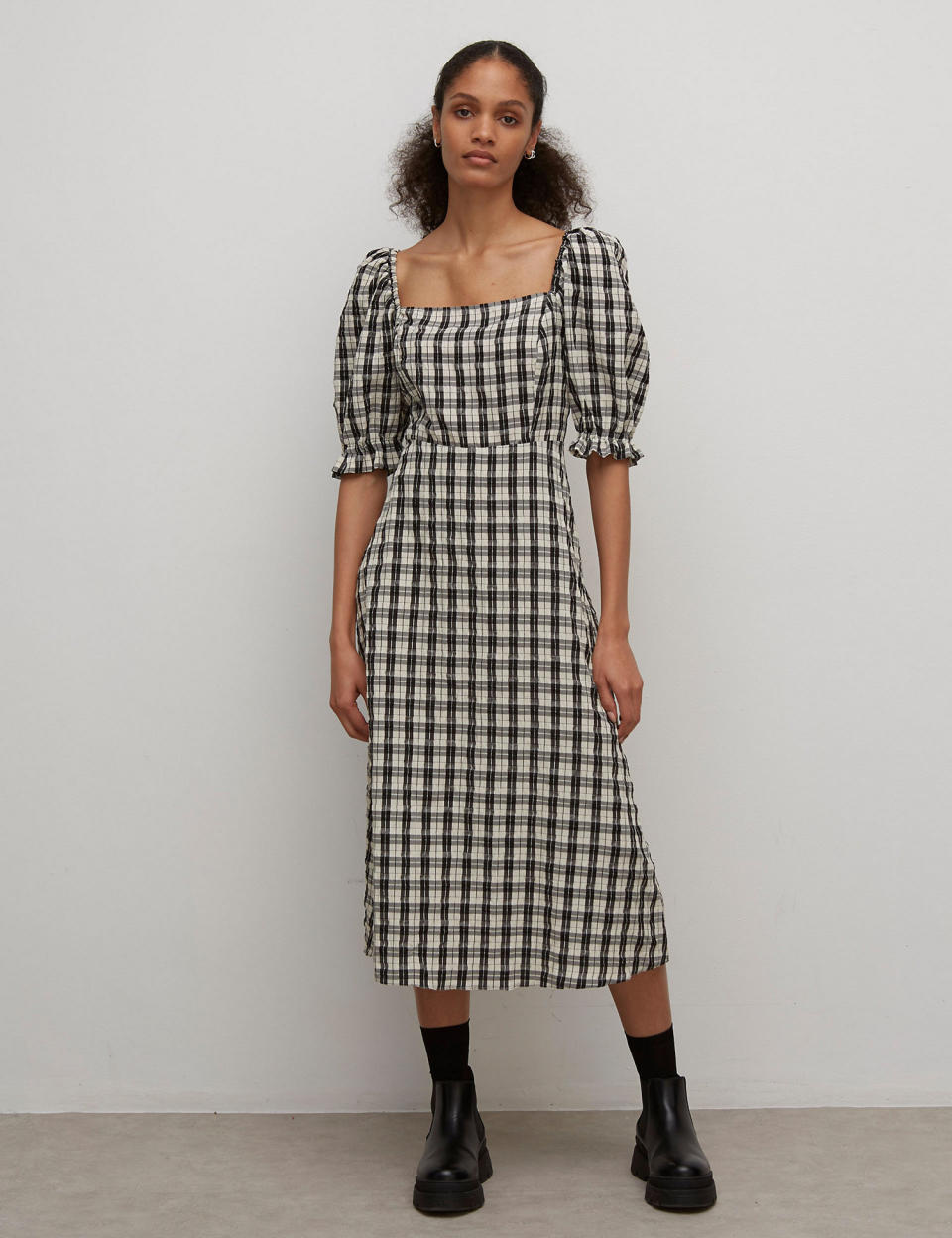 Checked Puff Sleeve Midi Waisted Dress