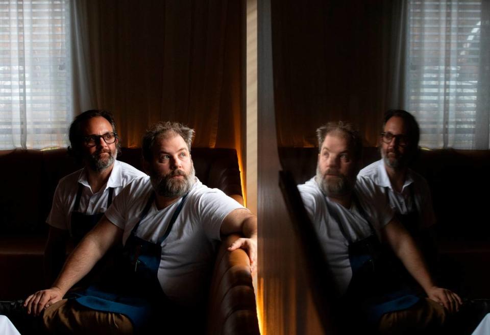 Nate Garyantes and Matthew Kelly, co-chefs and co-owners of Nanas, are photographed in the restaurant’s main dining room on Wednesday, Nov. 22, 2023, in Durham, N.C. Kaitlin McKeown/kmckeown@newsobserver.com