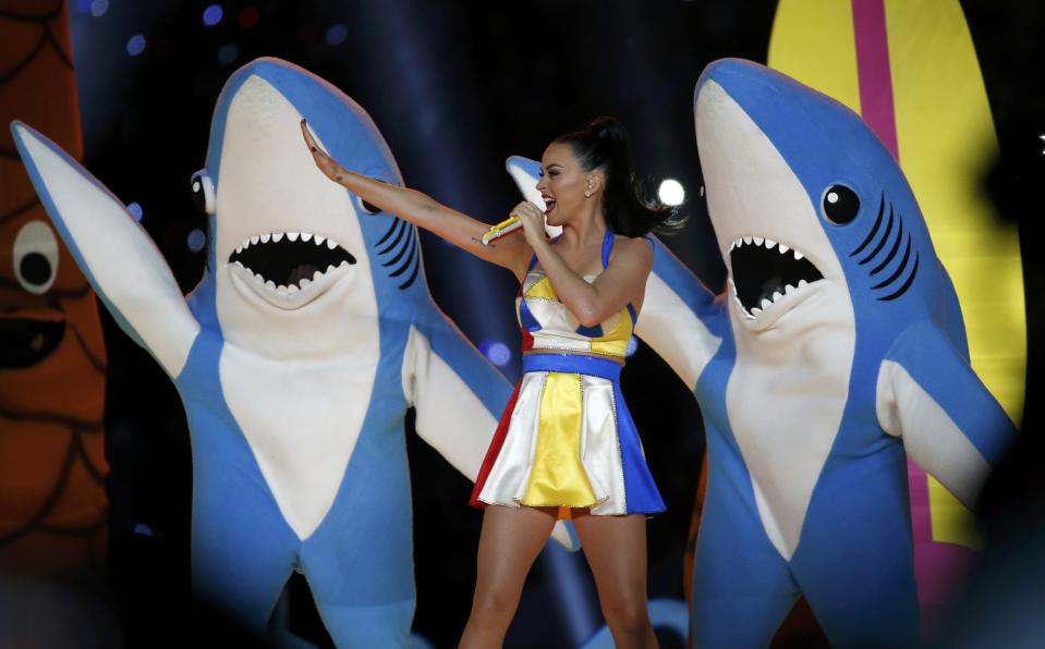 Katy Perry performs during the halftime show at the NFL Super Bowl XLIX football game between the Seattle Seahawks and the New England Patriots in Glendale