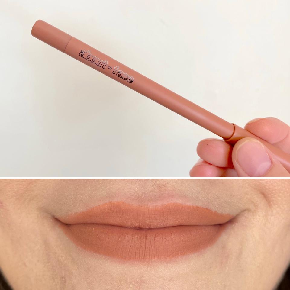 An About-Face lip liner (top) and reporter Amanda Krause wearing the product (bottom).