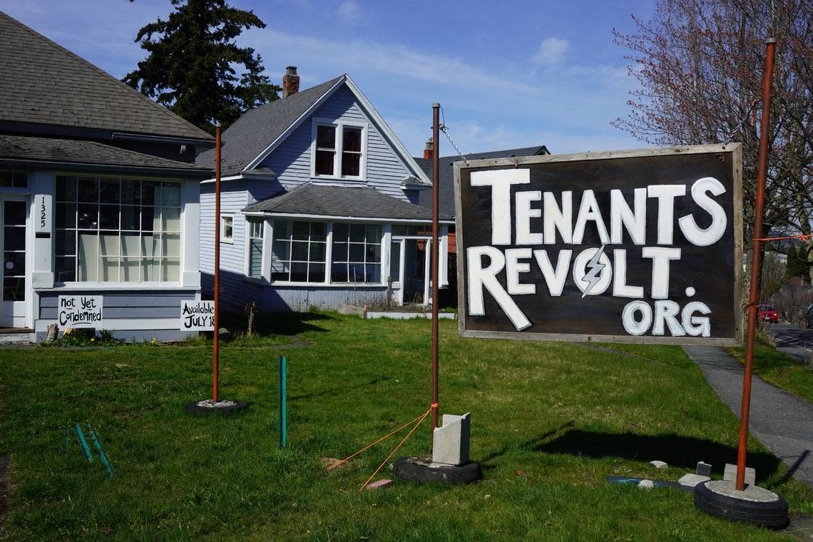 A Tenants Revolt sign is posted on the corner of Ellis Street and Potter Street on March 29, 2023, in Bellingham, Wash.