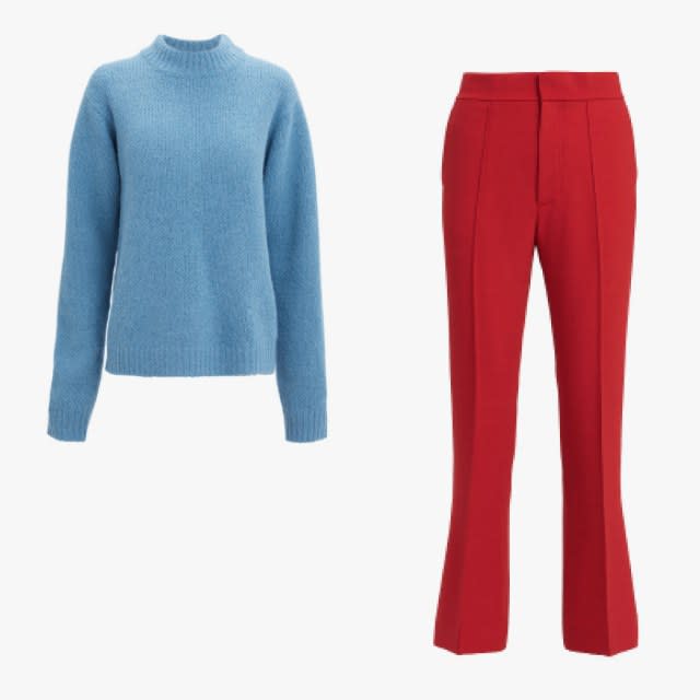 Tibi blue easy pullover sweater, $425, intermixonline.com; Helmut Lang red spongy wool crop flare trousers, $380, intermixonline.com