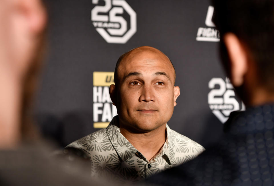 LAS VEGAS, NV - JULY 05:  BJ Penn is interviewed on the red carpet the UFC Hall of Fame Class of 2018 Induction Ceremony inside The Pearl concert theater at Palms Casino Resort on July 5, 2018 in Las Vegas, Nevada. (Photo by Brandon Magnus/Zuffa LLC/Zuffa LLC via Getty Images)