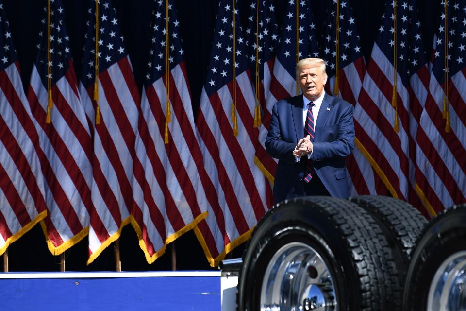 President Donald Trump arrives to speak outside Mariotti Building Products in Old Forge, Pennsylvania, on August 20, 2020.
