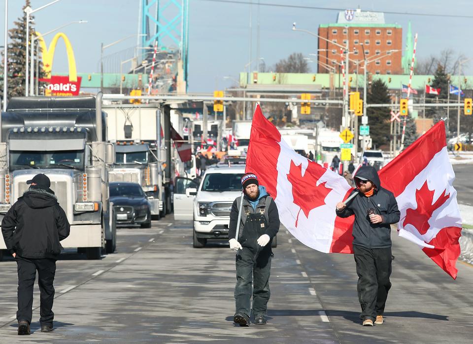 Anti-mandate protesters are shown near the Ambassador Bridge in Windsor on Feb. 9, 2022.