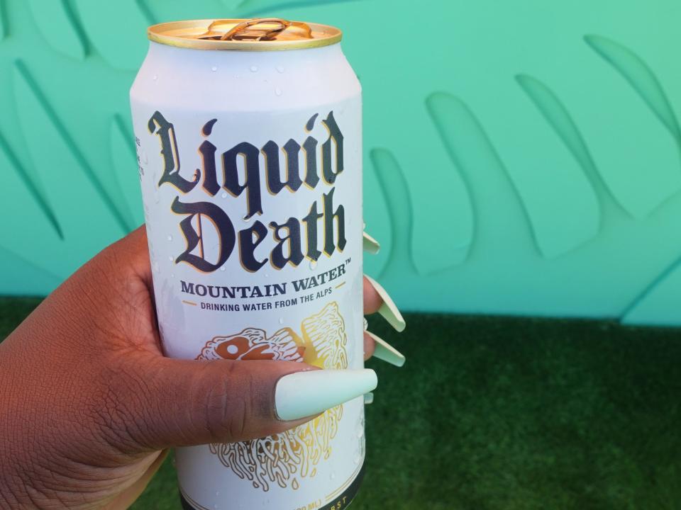 A can of liquid death water at Governors Ball