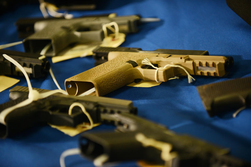 Image: Ghost guns that were secured by the DC Metropolitan Police Department during a press conference on Feb. 28, 2021. Each gun that was displayed during the presser was used during a crime. (Astrid Riecken / The Washington Post via Getty Images, file)