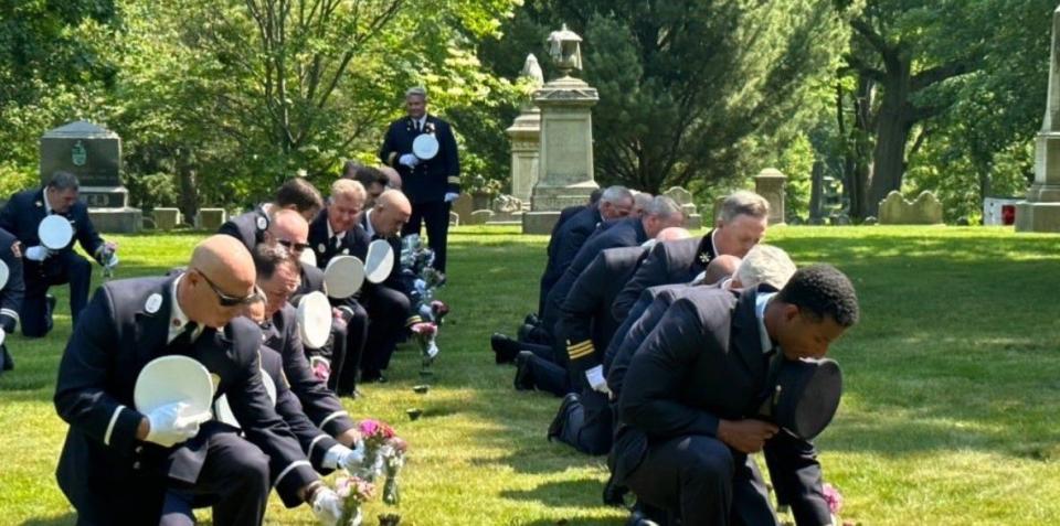 Dozens turned out for the 130th Firefighters Memorial procession on Sunday in Jamaica Plain to honor firefighters “who proudly served,” the Boston Fire Department said.