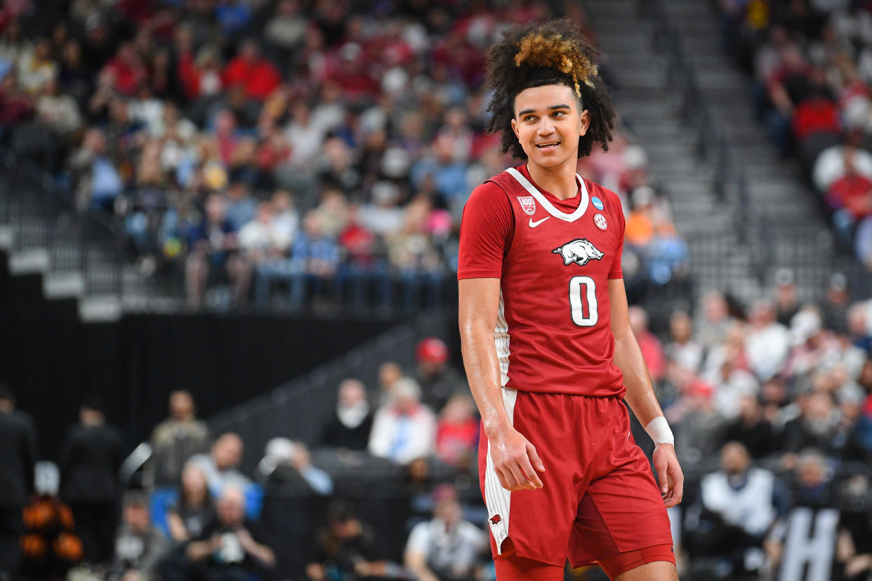 Arkansas guard Anthony Black during the Sweet 16 of the NCAA men's tournament on March 24, 2023 in Las Vegas. (Brian Rothmuller/Icon Sportswire via Getty Images)