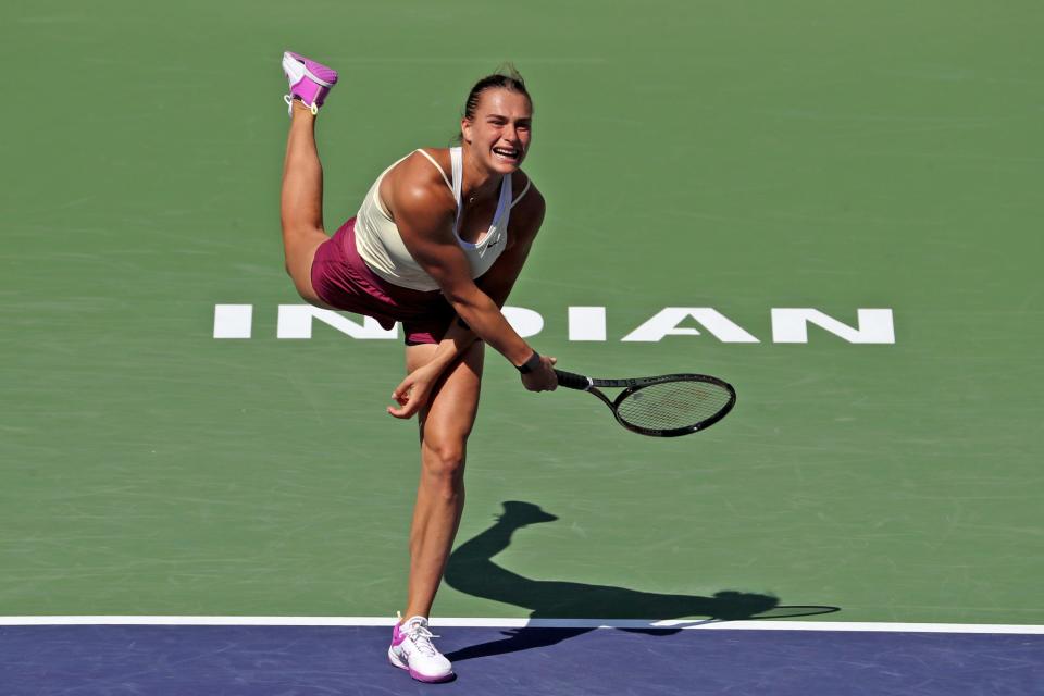 Aryna Sabalenka serves to Coco Gauff during their BNP Paribas Open quarterfinal match in Indian Wells, Calif., on Wednesday, March 15, 2023. 