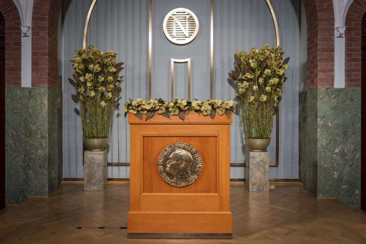 FILE - A Thursday Dec. 10, 2020 file photo showing the lectern at the Nobel Institute in Oslo, Norway. The Nobel Peace Prize will be awarded on Friday Oct. 8, 2021. (Heiko Junge / NTB via AP, File)