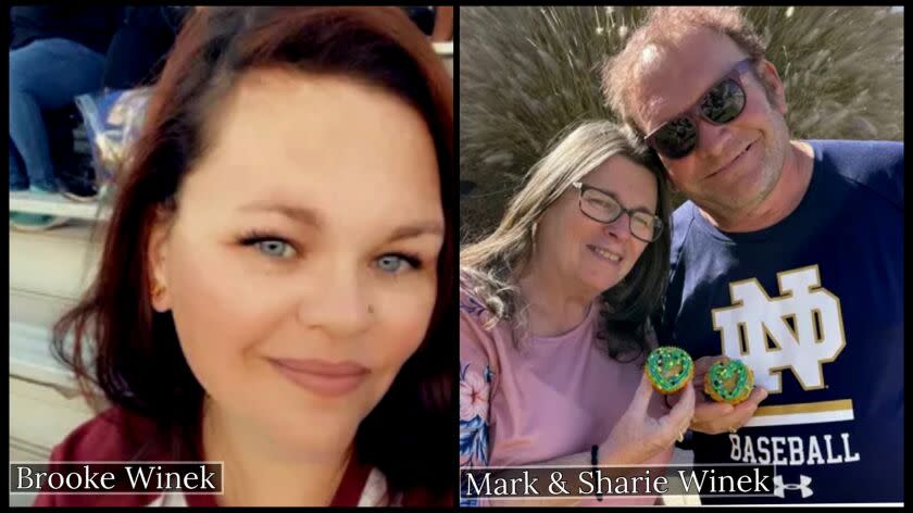 RIVERSIDE, CA - NOVEMBER 30, 2022: Family photo of slain victims Brooke Winek,38, and her parents Sharie Winek,65, and Mark Winek, 69. (Winek family photos)