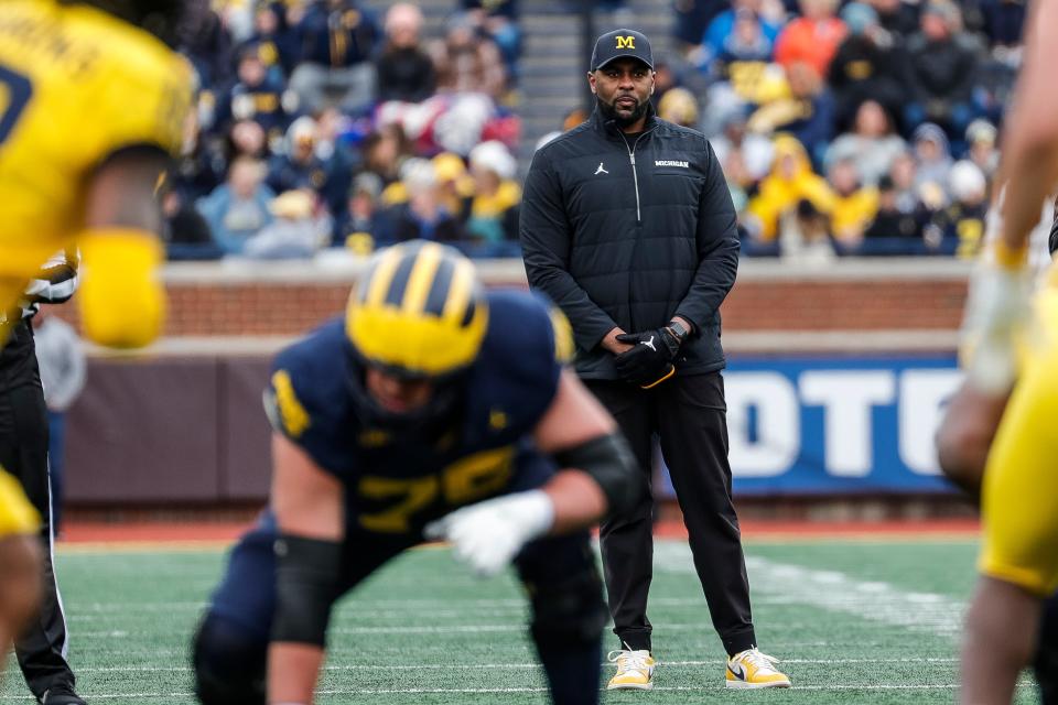 Michigan coach Sherrone Moore watches a play during the first half of the spring game at Michigan Stadium in Ann Arbor on Saturday, April 20, 2024.