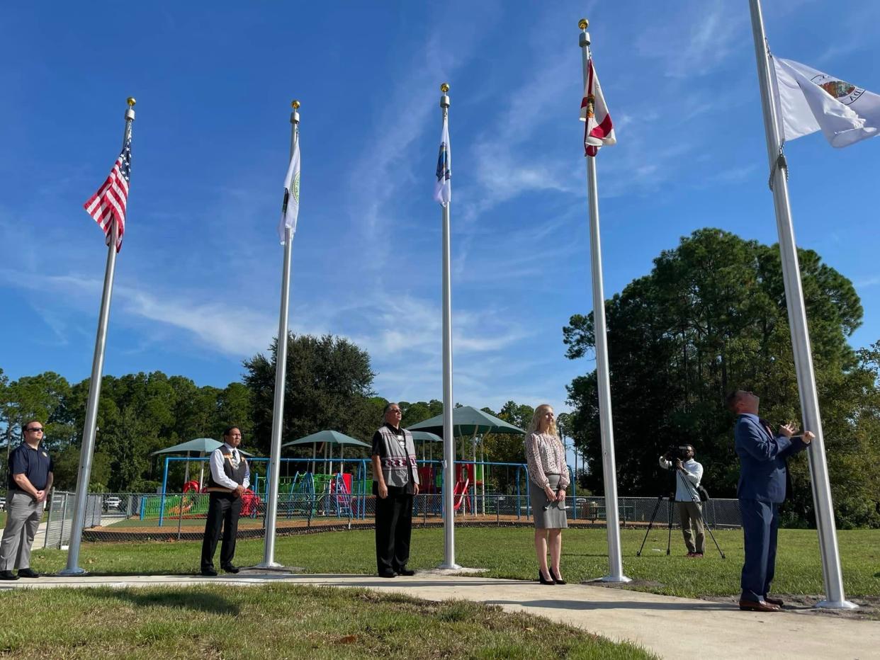 Leaders from all four Native American Nations affected by this treaty came together to offer remarks and raise their respective nations' flags at the county park located off Wildwood Drive in St. Augustine, Florida.