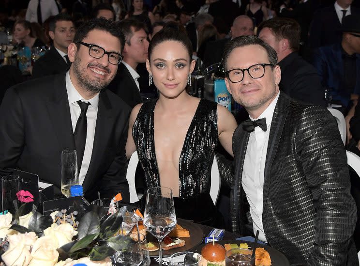 Christian Slater with Sam Esmail and Emmy Rossum at the Critics' Choice Awards in December. (Photo: Charley Gallay/Getty Images for FIJI Water)