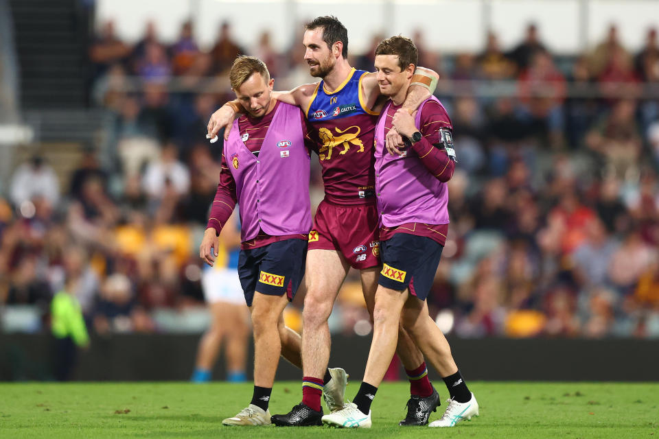 BRISBANE, AUSTRALIA - MAY 05: Darcy Gardiner of the Lions is injured during the round eight AFL match between Brisbane Lions and Gold Coast Suns at The Gabba, on May 05, 2024, in Brisbane, Australia. (Photo by Chris Hyde/AFL Photos/via Getty Images )
