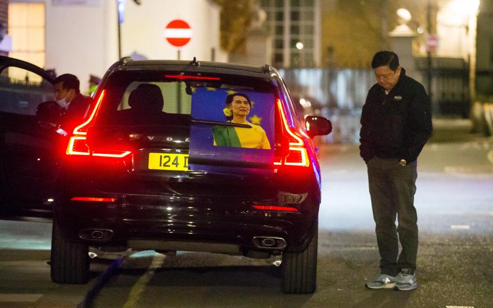 Kyaw Zwar Minn, Myanmar's ambassador to the UK stands outside the London embassy - Jamie Lorriman