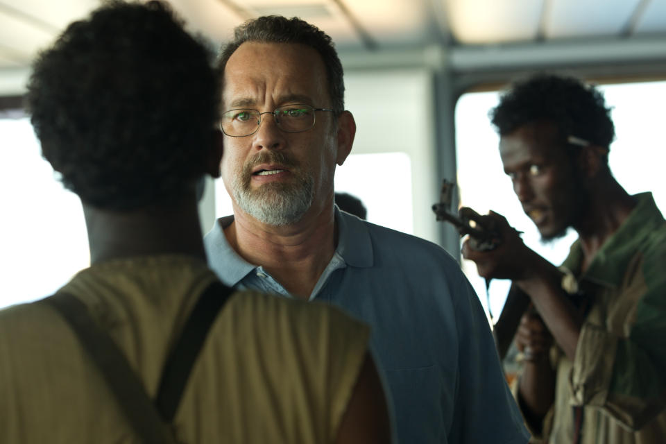 This film image released by Sony - Columbia Pictures shows Tom Hanks, center, in "Captain Phillips." The movie is nominated for an Oscar for best motion picture of the year. along with five other nominations. This year's best picture race at the 86th Academy Awards on Sunday, March 2, 2014, has shaped up to be one of the most unpredictable in years. (AP Photo/Sony - Columbia Pictures)