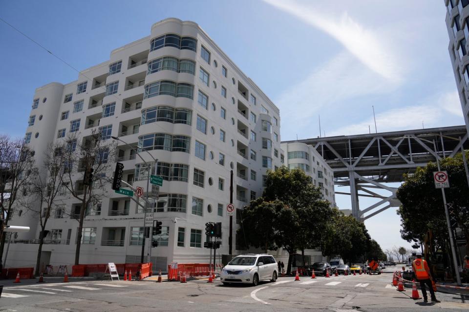 The scene outside an apartment building below the San Francisco-Oakland Bay Bridge where Bob Lee was fatally stabbed (Copyright 2023 The Associated Press. All rights reserved)