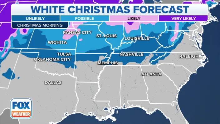 A map showing the likelihood of a white Christmas in the southern U.S.