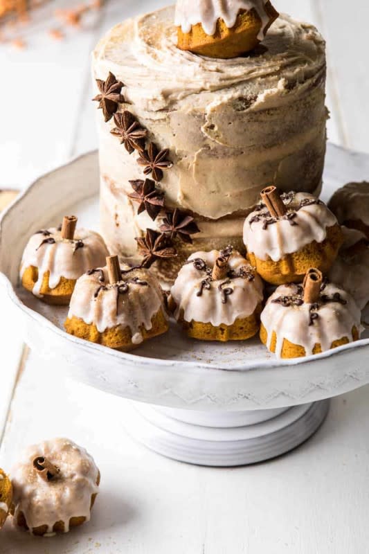 <p>Half Baked Harvest</p><p>Three soft, perfectly sweet, extra pumpkiny, chai spiced pumpkin cake layers. Each is generously frosted with the most delicious maple browned butter frosting. </p><p><strong>Get the recipe: <em><a href="https://www.halfbakedharvest.com/chai-pumpkin-cake/" rel="nofollow noopener" target="_blank" data-ylk="slk:Chai Pumpkin Cake with Maple Browned Butter Frosting;elm:context_link;itc:0;sec:content-canvas" class="link ">Chai Pumpkin Cake with Maple Browned Butter Frosting</a></em></strong></p>