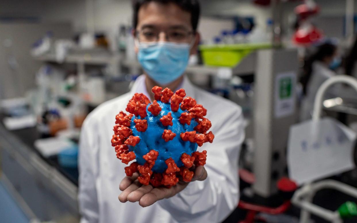 An engineer shows a plastic model of the COVID-19 coronavirus - AFP