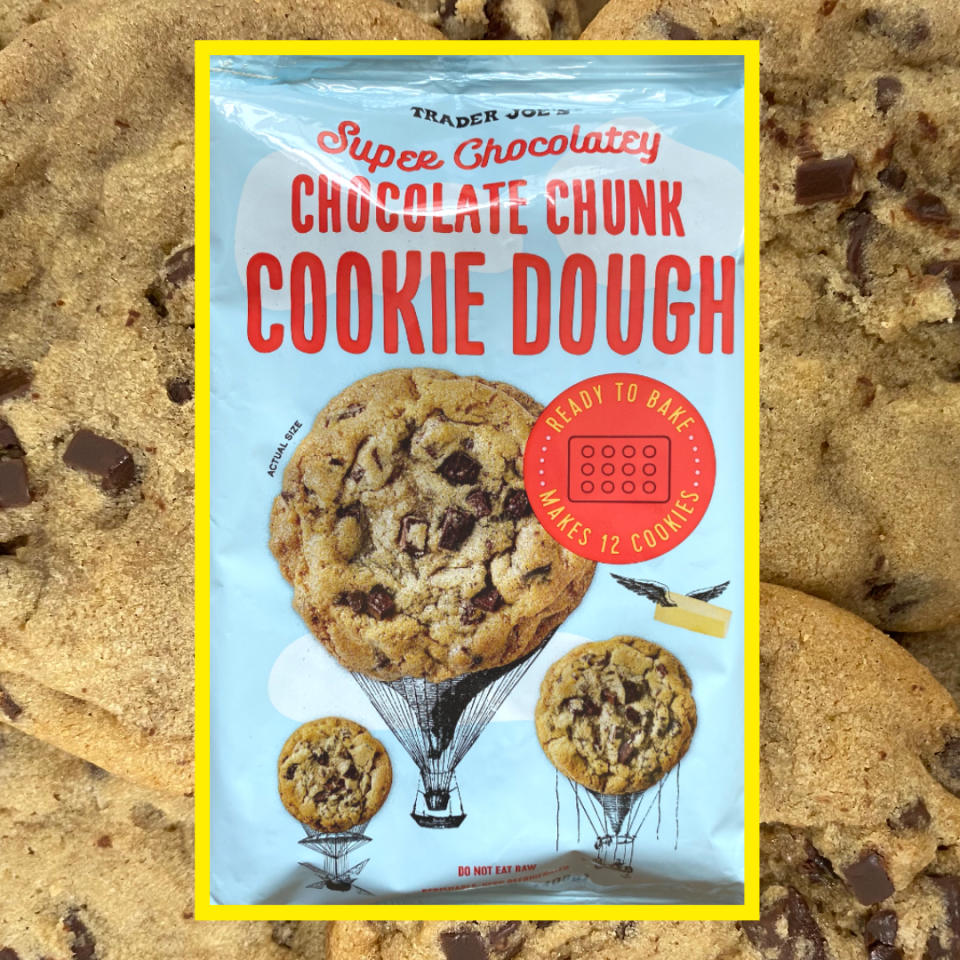 Trader Joe's Super Chocolatey Chocolate Chunk Cookie Dough packaging, showing images of cookies and text about making 12 cookies