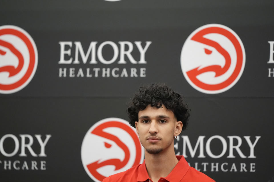 Atlanta Hawks' Zaccharie Risacher speaks during an NBA basketball news conference, Friday, June 28, 2024, in Atlanta. Risacher was selected as the first overall pick by the Atlanta Hawks in the first round of the NBA basketball draft. (AP Photo/Brynn Anderson)