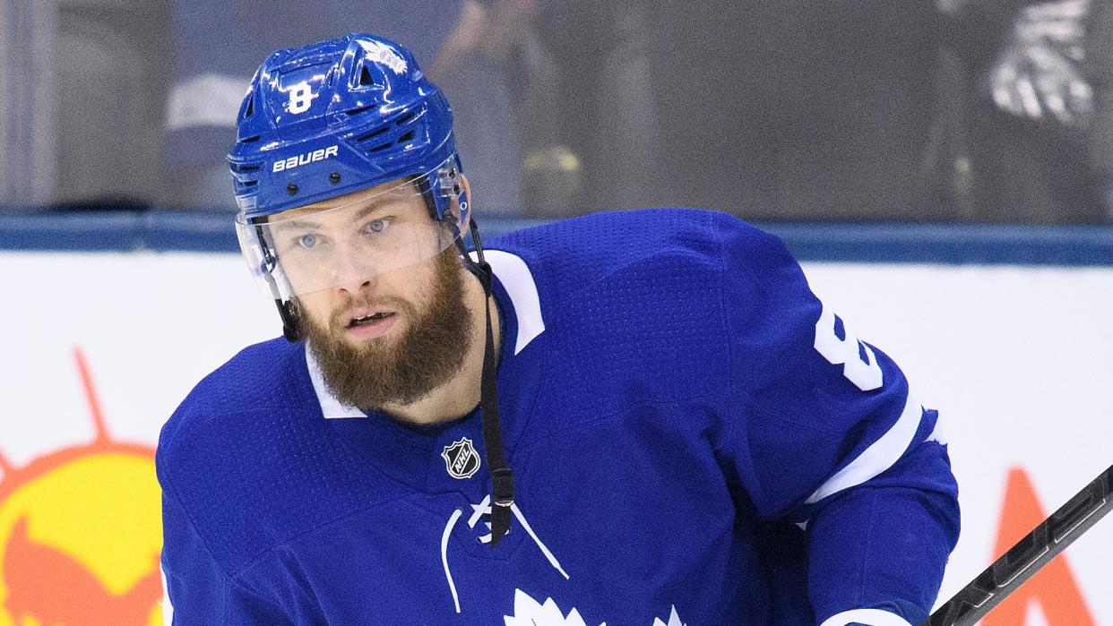Toronto Maple Leafs defenceman Jake Muzzin will not have a fine or suspension for his tussle with Detroit Red Wings forward Anthony Mantha.  (Photo by Nick Turchiaro/Icon Sportswire via Getty Images)