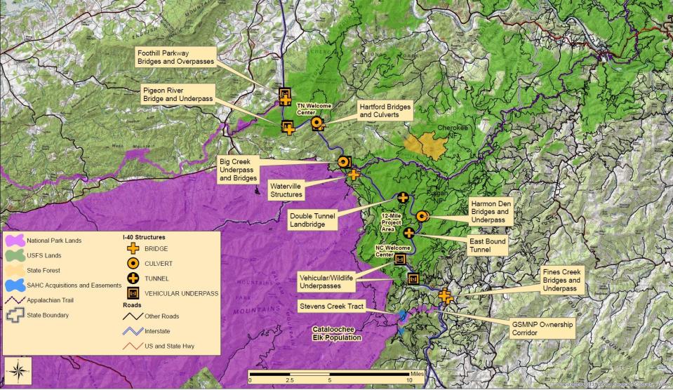 Existing and potential wildlife corridors across Interstate-40 in the Pigeon River Gorge between North Carolina and Tennessee.